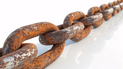 Fototapeta premium Rusty Chain Links with Corroded Reddish-Brown and White Surfaces Displayed Diagonally on a Minimalistic White Background, Highlighting Oxidation Effects