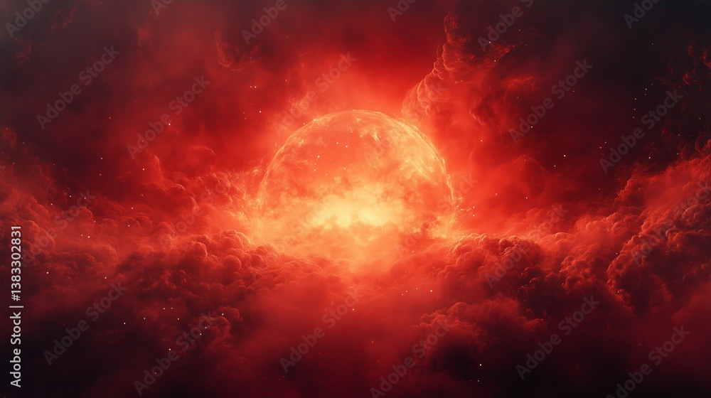 Poster geometric and mathematical symmetric and spherical atomic cloud with a red glow from.