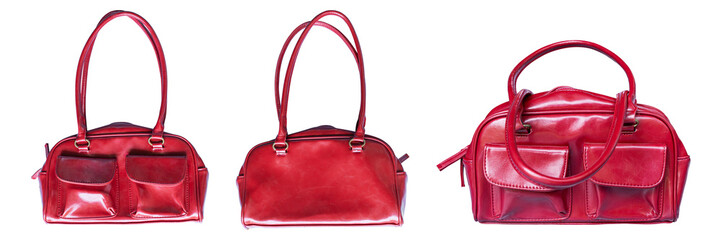 Set of red leather women bag isolated on transparent background, PNG File