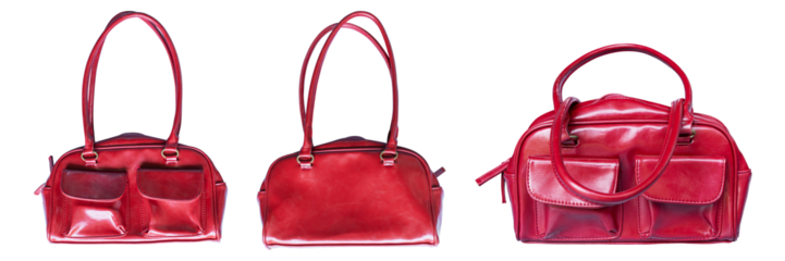 Set of red leather women bag isolated on transparent background, PNG File