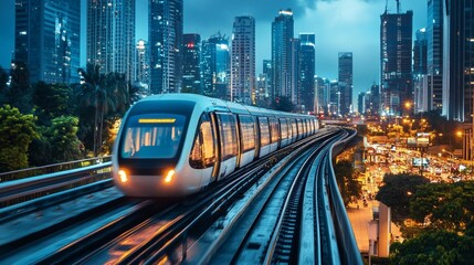 Sleek monorail glides through a futuristic cityscape, embodying advanced urban mobility and innovation.