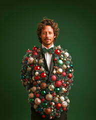 Handsome and irresistible man with a charming smile, wearing a tuxedo made of Christmas ornaments, standing in front of a solid background, in the spirit of the holidays, Christmas, and New Year
