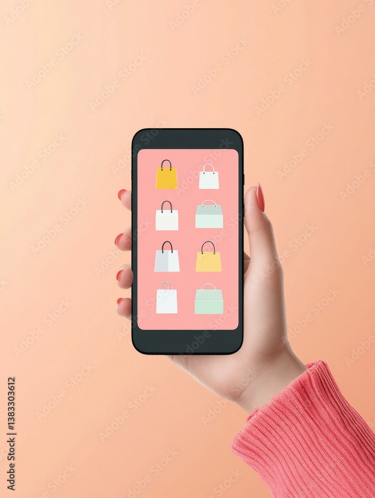 Leinwandbilder Hand holding smartphone while browsing modern online shopping app with colorful UI elements showcasing various bags on a soft pastel background