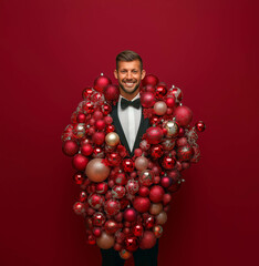 Handsome and irresistible man with a charming smile, wearing a tuxedo made of Christmas ornaments, standing in front of a solid background, in the spirit of the holidays, Christmas, and New Year