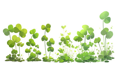.Illustration of trees, leaves, grass and various botanical elements on a white background.