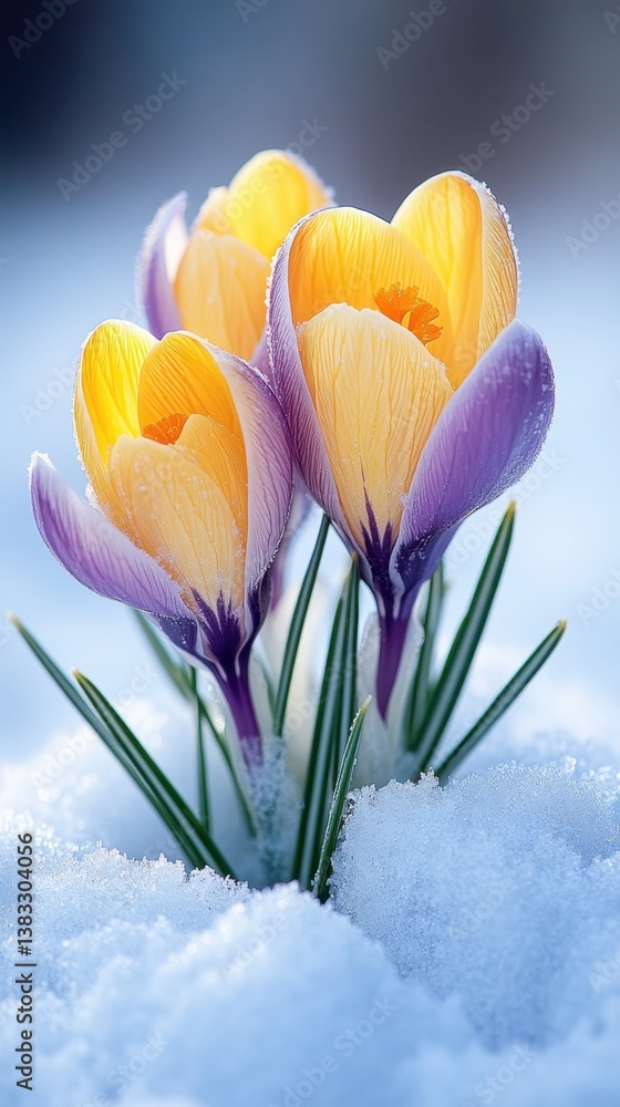 Poster captivating close up of vibrant crocus flowers emerging through snow in early spring sunlight with a