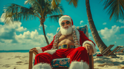A very jolly Santa Claus relaxing on a sunny beach in an unusual setting, with warm, soft, and bright colors, in the spirit of Christmas and New Year