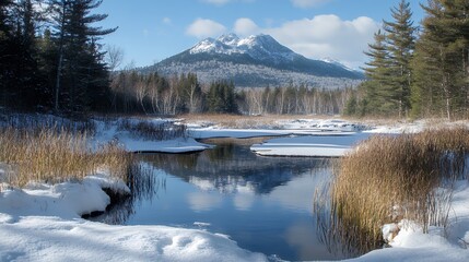 Winter Mountain Lake Landscape With Snow Reflection