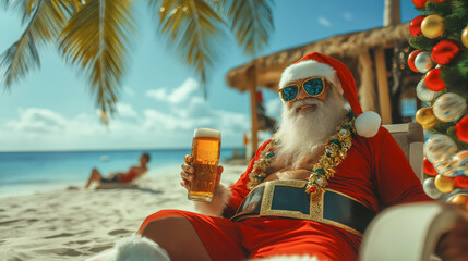A very jolly Santa Claus relaxing on a sunny beach in an unusual setting, with warm, soft, and bright colors, in the spirit of Christmas and New Year