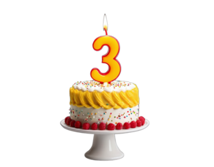 3rd birthday cake with whipped cream and number 3 candle, isolated on transparent background