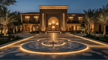 Obraz premium A luxurious mansion illuminated at night, showcasing intricate architectural design and landscaping.
