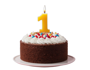 1st birthday cake with frosting and number 1 candle, isolated transparent background