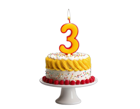 3rd birthday cake with whipped cream and number 3 candle, isolated on transparent background