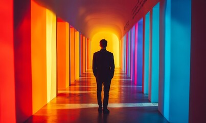 a person silhouette walking in a vibrant colorful hallway