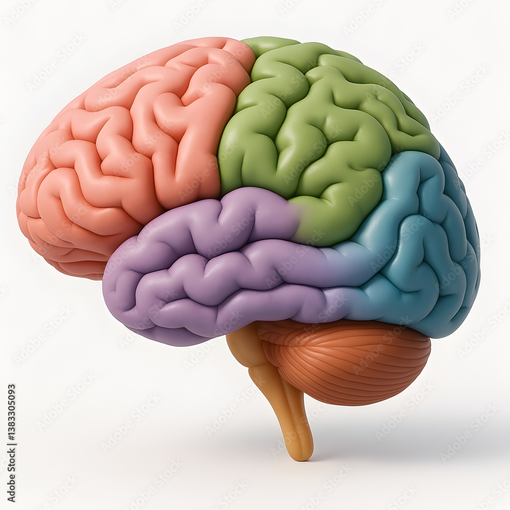 Poster colorful brain model with highlighted regions illustrating different brain functions.