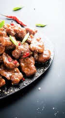 Fototapeta premium A sizzling plate of Chinese black pepper beef, glistening with a rich dark sauce, is garnished with vibrant red chilies and fresh green onions, ready to be served.