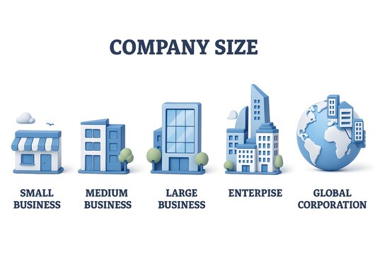 Illustration showing different company sizes: small, medium, large, enterprise, global.