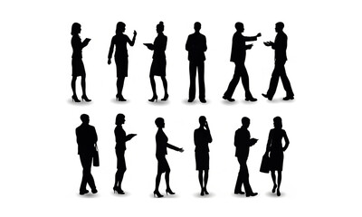 Black vector silhouettes of business people and family, a standing group of men and woman in suits, walking as a team.