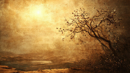 lone tree in golden, textured landscape under glowing sun, Blank background illustration with copy space for text or branding, Blank and empty area, Negative space for content placement.