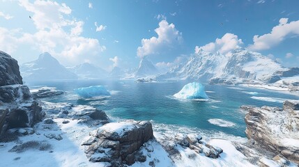 Fototapeta premium Icebergs and snow-covered rocks against a dramatic sea backdrop, showcasing natural beauty in extreme environments, captured using AI to highlight environmental changes and climate effects.