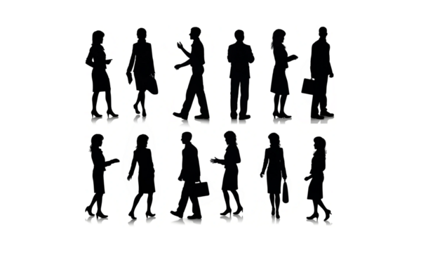 Black vector silhouettes of business people and a family group walking and standing.