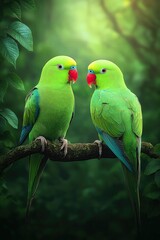Obraz premium Two green parrots on tree branch in a forest wallpaper for nature lovers high-definition parrot wallpaper and realistic parrot wallpaper for forest scenes with parrots, green parrots, forest backgroun