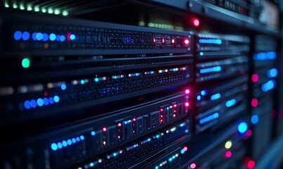 Close-up of a high-tech data center server room with multiple servers lighting up. The image highlights advanced data storage and technology. 