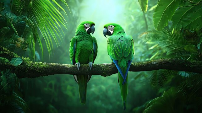 Two green parrots on tree branch in a forest wallpaper for nature lovers high-definition parrot wallpaper and realistic parrot wallpaper for forest scenes with parrots, green parrots, forest backgroun