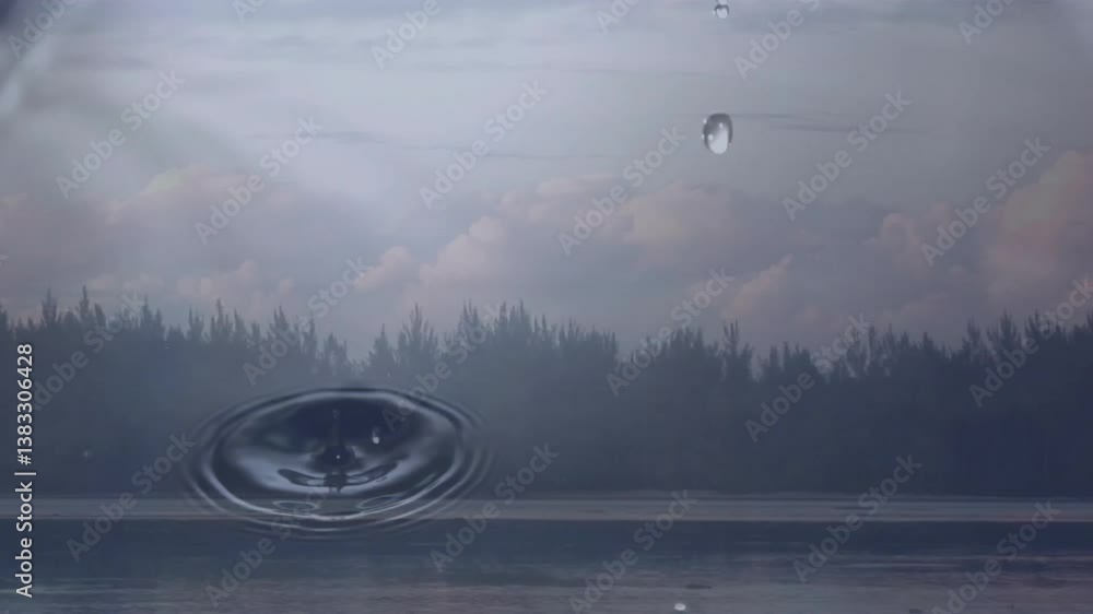 Poster creating ripples, water droplets fall on serene lake with distant tree line
