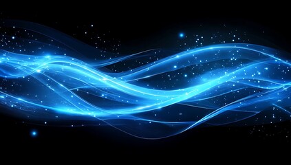 Obraz premium Elegant abstract design featuring flowing waves of luminous blue energy against a deep blue backdrop sprinkled with delicate stardust particles.