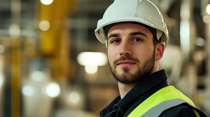 Confident industrial engineer in safety gear, embodying professionalism and workplace safety in a modern industrial setting.