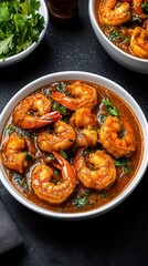 A delectable bowl of Indian Prawn Balchao Goan-style features succulent prawns simmered in a rich and spicy Goan-style sauce garnished with fresh cilantro leaves for an authentic