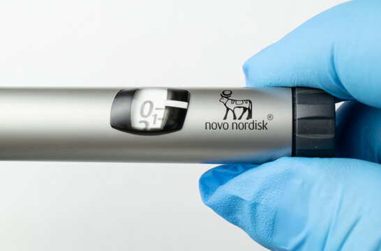 Bytom, Poland -03.14.2025 Novo Nordisk company logo on insulin pen for diabetics. high incidence of diabetes