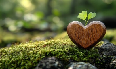 a wooden heart with a growing plant sprout set against a mossy background, representing nature and growth