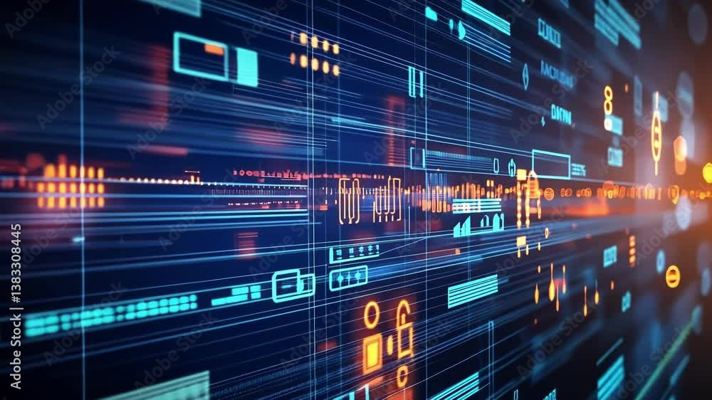 Poster glowing lines of code and data flowing across a futuristic interface create a high tech backdrop for
