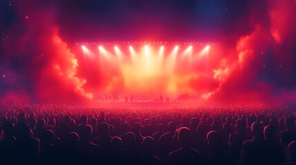 Cartoon illustration of music festival big stage bright neon lights excited crowd