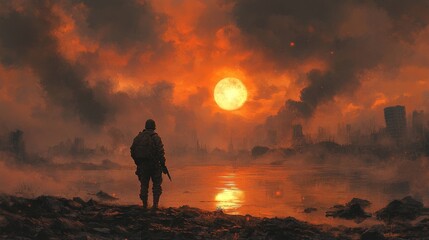 Obraz premium A lone figure of a man stands watch, with a dystopian backdrop and a sunset. The image conveys the concept of survival 