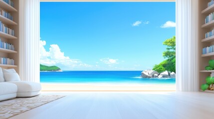 Serene and Spacious Interior Scene with Ocean View, Bright Skies and Inviting Décor, Perfect for Relaxation and Tranquility ,Office interior backdrop for online meetings