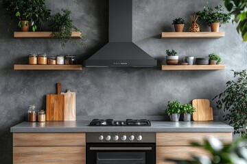 a modern kitchen with wooden shelves, various plants, and kitchenware. It showcases a contemporary design and a touch of nature