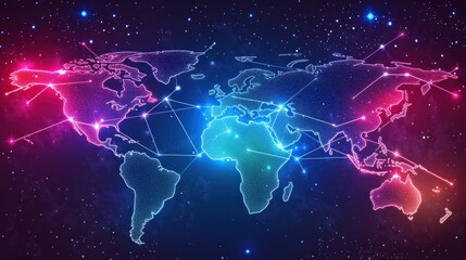 A digital world map with glowing connections, symbolizing global networking and communication.