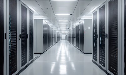 a long, symmetrical corridor in a server room, lined with server racks and illuminated by bright overhead lights. The polished floor reflects the light, emphasizing the clean, orderly environment.