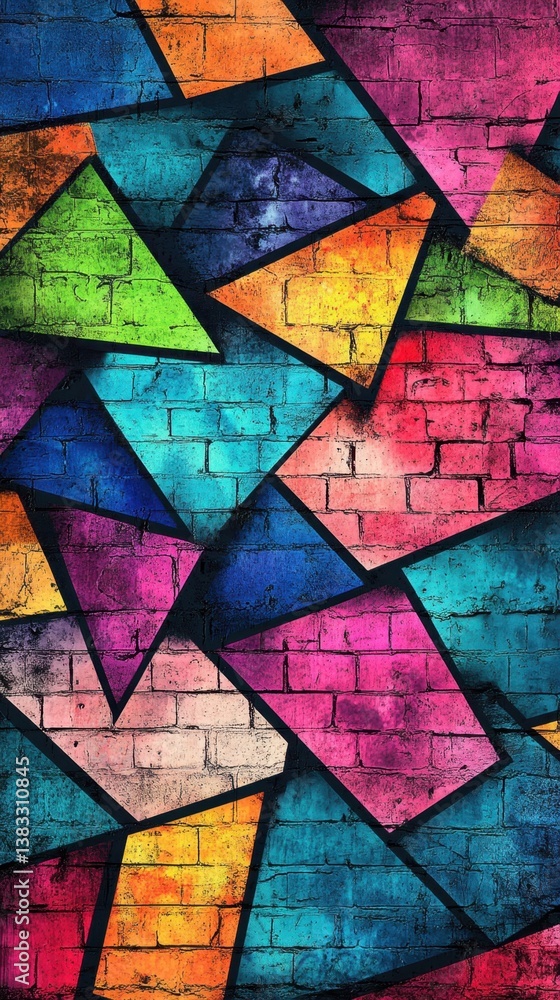 Poster vibrant geometric mural on brick wall with colorful triangles creating a modern artistic pattern and