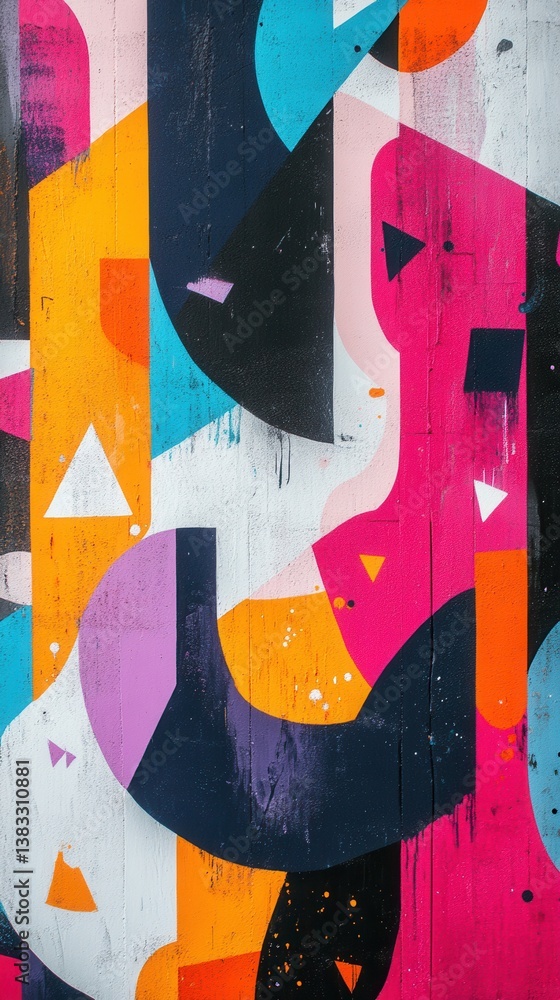 Poster vibrant geometric mural art on textured wall featuring bold colors and dynamic shapes creating a pla