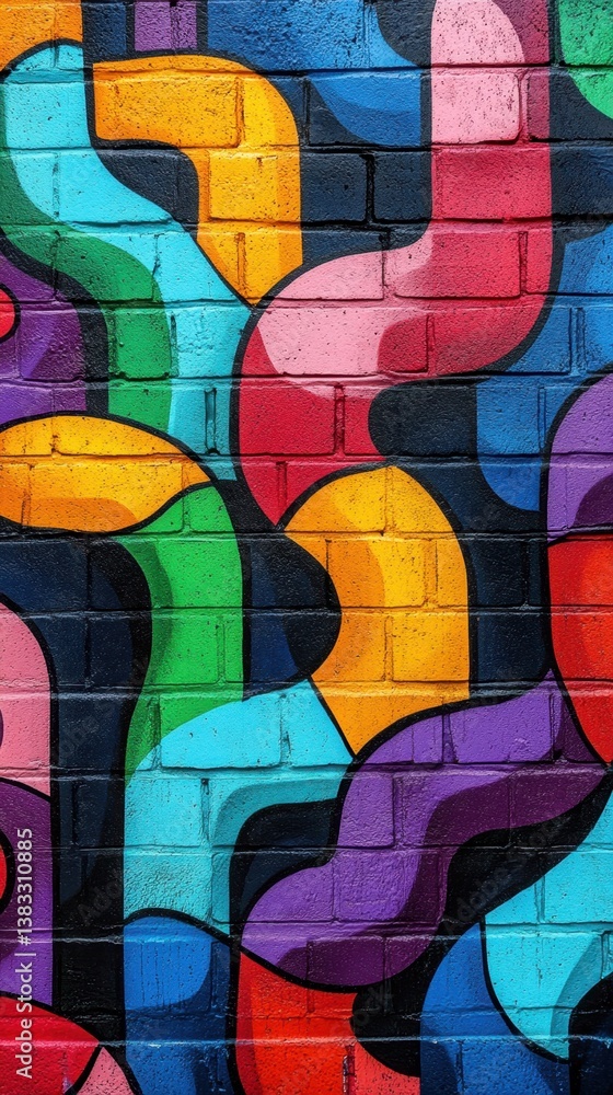Poster vibrant abstract mural on brick wall featuring colorful curved shapes creating a cheerful and artist