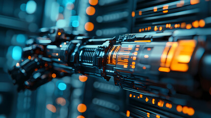 A futuristic robotic arm with glowing orange details, set against a backdrop of server components, showcasing advanced technology and design.