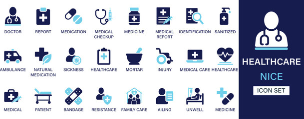 Healthcare icon set collection. Doctor, report, medication, medical checkup, medicine, identification, sanitized, ambulance, sickness and best solid icon set.