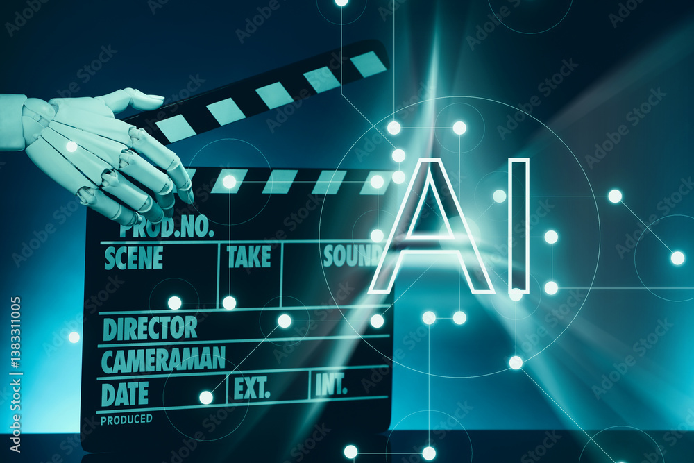 Poster artificial intelligence. robot hand with clapper against dark blue background