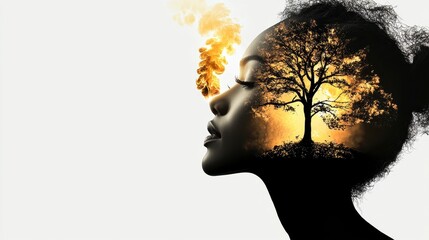 Profile of a Black Woman with Tree Silhouette Double Exposure at Sunset