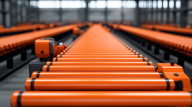 A close-up view of orange conveyor rollers arranged in parallel, highlighting industrial design and functionality in a warehouse setting.