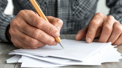 Close-up of Elderly Man's Hands Writing on Papers at Desk